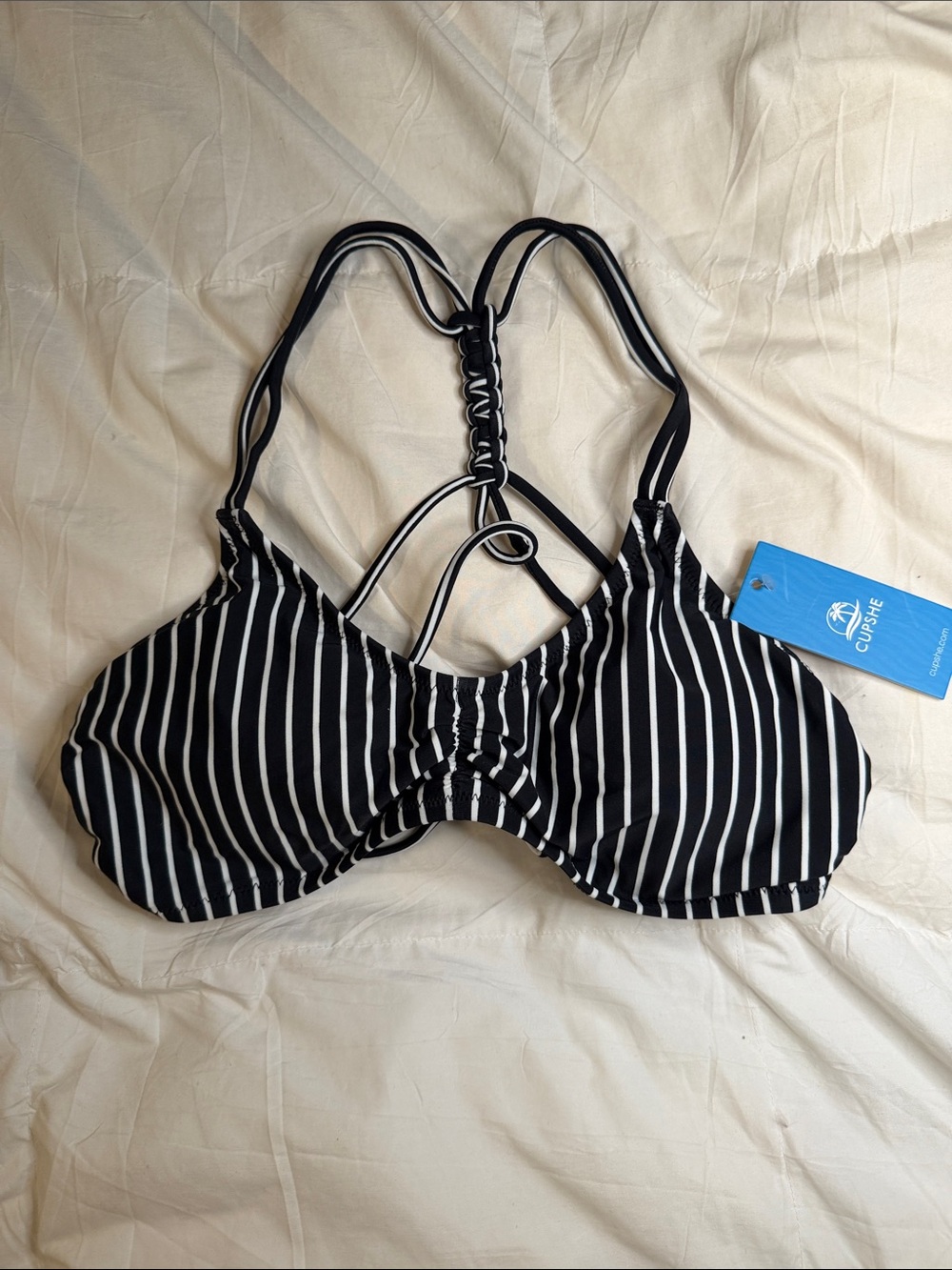 CUPSHE Black & White Striped Underwire Bikini Top with Strappy Back